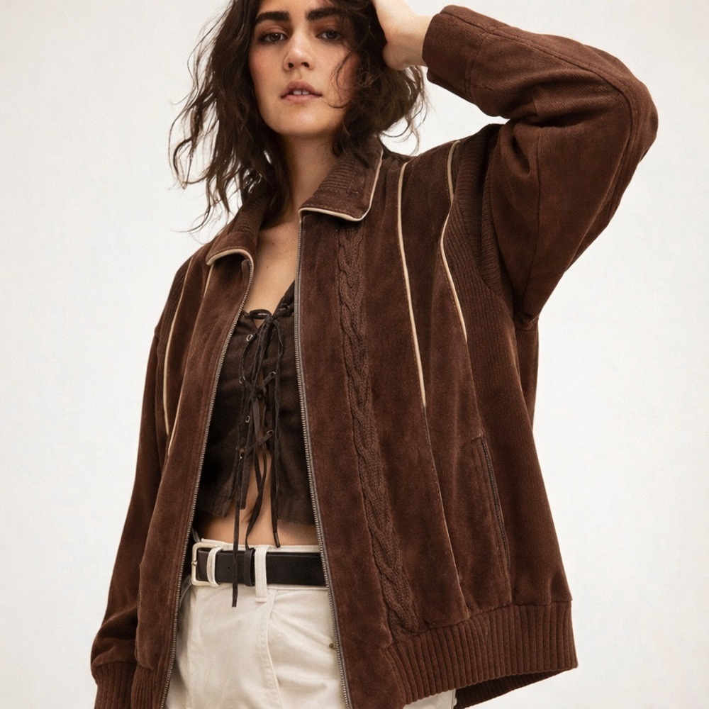 R.O.C Vintage Suede Leather Sweater Bomber Jacket Coat Brown Western XL